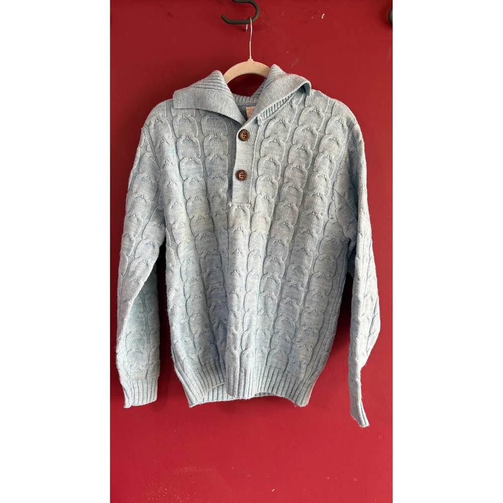 Vintage Lord Jeff Mens Light Blue Cable Knit Shawl Collar Henley Sweater Medium